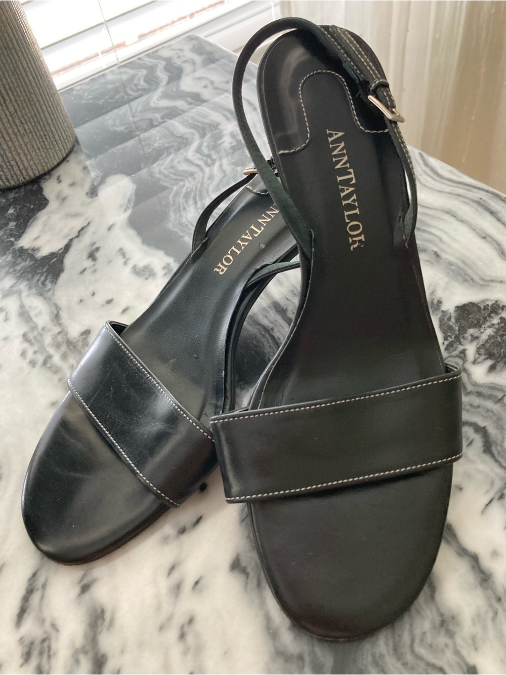 Ann Taylor Black Leather Wide-Strap Slingback Sandals